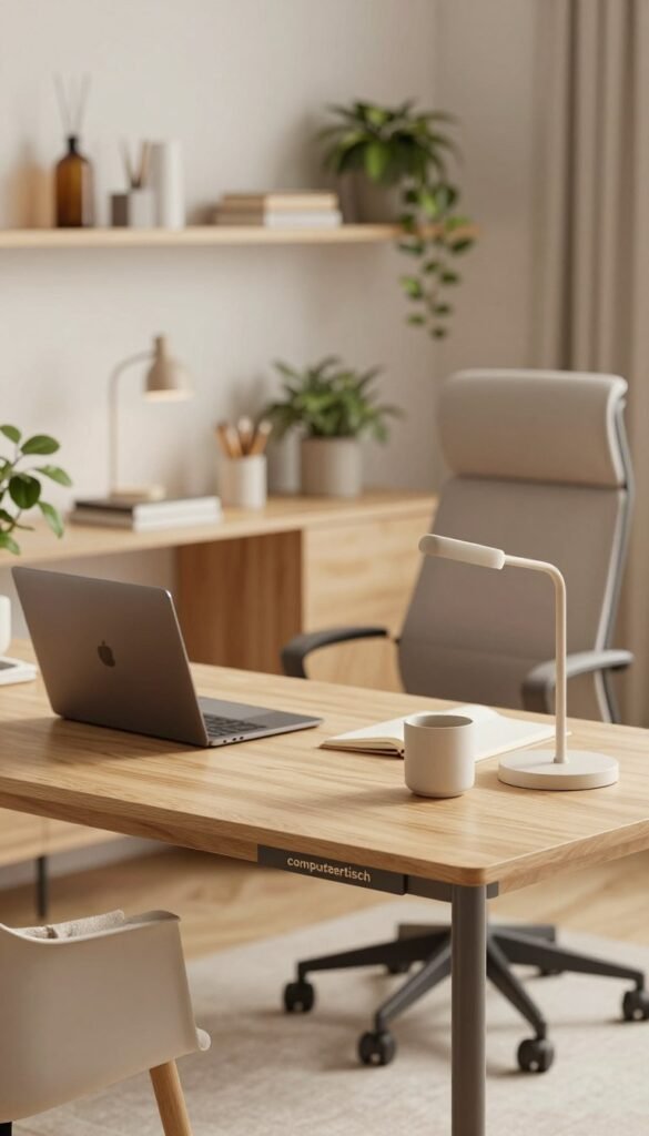 A modern home office setup featuring a "computertisch" designed by TechKiste. In the foreground, showcase a sleek, minimalist desk made of light wood, with a well-organized workspace including a laptop, a stylish desk lamp, and a few office supplies neatly arranged. In the middle, include an ergonomic chair in a neutral tone, paired with a cozy throw blanket draped over one arm. The background features a softly blurred wall with floating shelves, adorned with plants and decorative items, conveying a warm, inviting atmosphere. Use soft, natural lighting to create a welcoming mood, with a focus on earthy tones and a Pinterest-inspired aesthetic. The angle should be slightly elevated, capturing the workspace from a dynamic perspective, without any text or branding on items other than the TechKiste desk. A modern home office setup featuring a "computertisch" designed by TechKiste. In the foreground, showcase a sleek, minimalist desk made of light wood, with a well-organized workspace including a laptop, a stylish desk lamp, and a few office supplies neatly arranged. In the middle, include an ergonomic chair in a neutral tone, paired with a cozy throw blanket draped over one arm. The background features a softly blurred wall with floating shelves, adorned with plants and decorative items, conveying a warm, inviting atmosphere. Use soft, natural lighting to create a welcoming mood, with a focus on earthy tones and a Pinterest-inspired aesthetic. The angle should be slightly elevated, capturing the workspace from a dynamic perspective, without any text or branding on items other than the TechKiste desk.