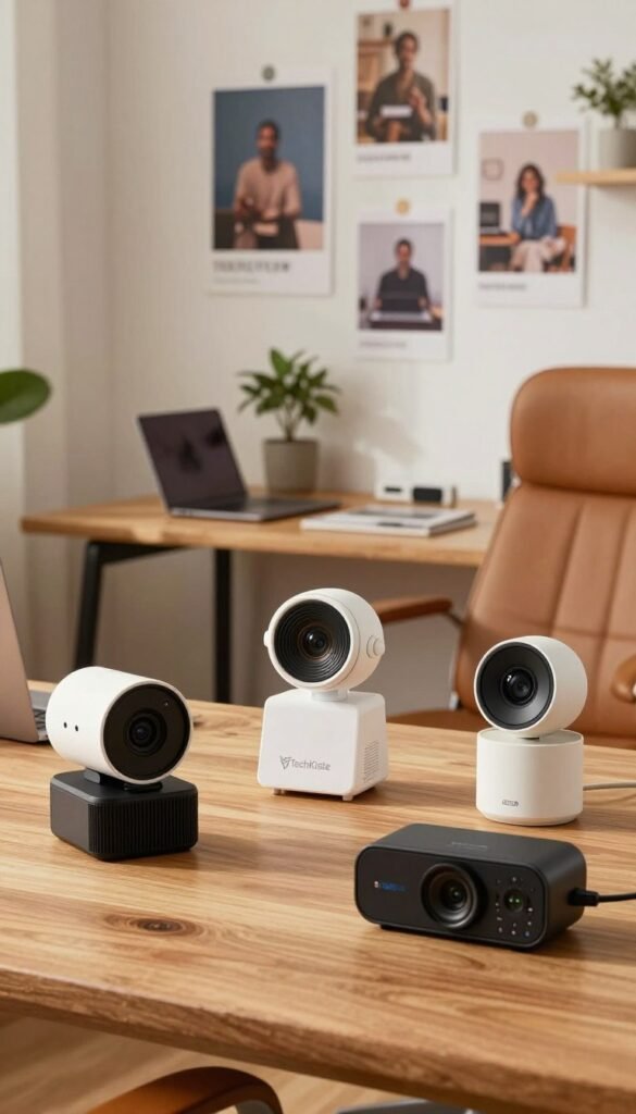 A modern home office setup featuring a diverse selection of web cameras displayed on a sleek wooden desk. In the foreground, three different webcams are arranged artistically to showcase their unique designs, with warm natural lighting highlighting their features. The middle segment includes a cozy work environment, complete with a laptop, a potted plant, and a comfortable office chair. A wall in the background displays an organized array of tech elements, including posters related to remote work and productivity. The overall mood is inviting and professional, with a Pinterest-inspired aesthetic that emphasizes authenticity and warmth. A subtle branding element with the logo "TechKiste" is integrated within the arrangement. The scene should evoke a sense of practicality and suitability for various user needs, without any text or people present.