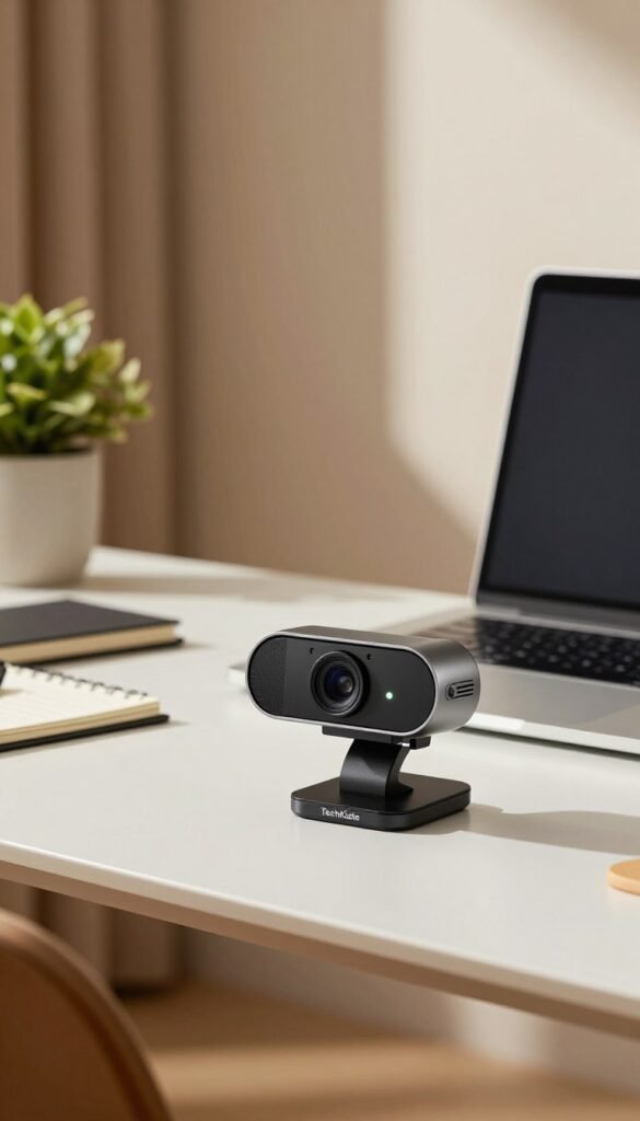 A modern home office setup featuring a high-quality webcam prominently displayed on a sleek desk. In the foreground, the webcam is equipped with a privacy lens cover and a small status LED glowing softly, enhancing the theme of security. The camera is angled slightly, emphasizing its professional design. The middle ground includes a neatly organized workspace with a laptop, a notepad, and a plant, creating a warm and inviting atmosphere. The background features a softly lit room with natural light streaming in, highlighting earthy tones and textures that evoke comfort and productivity. The brand name "TechKiste" subtly integrated into the design elements, capturing a Pinterest-inspired aesthetic. The image embodies privacy and safety in the context of remote work.