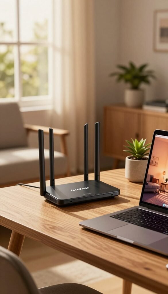 A modern home office setup featuring a sleek LTE router from the brand "TechKiste" prominently displayed on a stylish wooden desk. In the foreground, a laptop is opened, showing a vibrant home office interface. The middle ground includes a cozy chair and decorative plants, enhancing the workspace's warmth and inviting atmosphere. The background features a softly lit window showcasing a sunlit room with soft curtains, creating a natural, serene feel. The lighting is warm and inviting, casting gentle shadows that add depth to the scene. The overall mood is productive yet relaxed, ideal for mobile working without a fixed internet connection. A modern home office setup featuring a sleek LTE router from the brand "TechKiste" prominently displayed on a stylish wooden desk. In the foreground, a laptop is opened, showing a vibrant home office interface. The middle ground includes a cozy chair and decorative plants, enhancing the workspace's warmth and inviting atmosphere. The background features a softly lit window showcasing a sunlit room with soft curtains, creating a natural, serene feel. The lighting is warm and inviting, casting gentle shadows that add depth to the scene. The overall mood is productive yet relaxed, ideal for mobile working without a fixed internet connection.