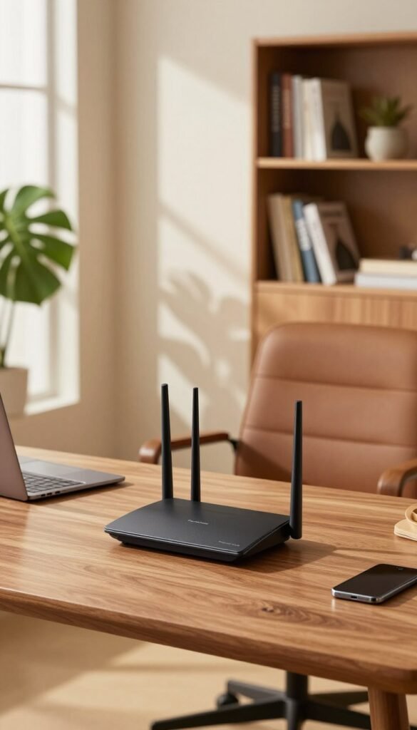 A modern home office setup featuring a sleek and high-performance router branded "TechKiste" as the focal point in the foreground. The router is artfully positioned on a stylish wooden desk clutter-free, surrounded by subtle tech accessories like a laptop and a smartphone. In the middle ground, a comfortable ergonomic chair and indoor plants add a touch of verdancy and warmth, while a soft natural light source streams through a nearby window, casting gentle shadows. In the background, a minimalist bookshelf with neatly arranged books creates a sense of organization. The overall atmosphere is inviting and professional, showcasing the ideal balance of functionality and aesthetic appeal in a home office environment. The color palette features warm tones, exuding a cozy ambiance without any text or branding visible other than the router logo.