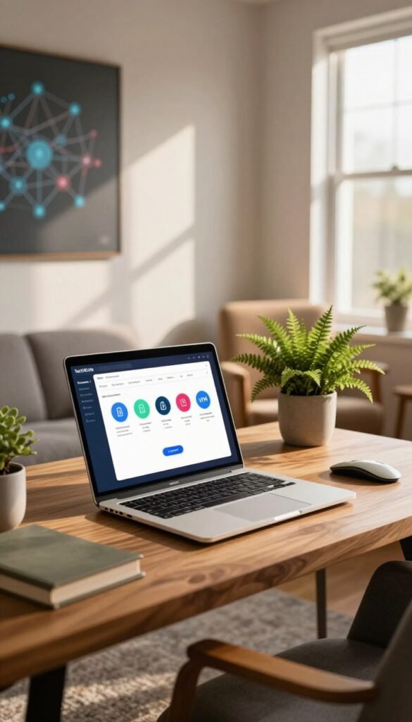 A modern home office setup featuring a sleek computer displaying an engaging interface for remote access with vibrant icons representing encryption, local operation, and VPN settings. In the foreground, a stylish laptop sits on a wooden desk alongside a potted fern, radiating a sense of calmness. The middle ground includes a wall with subtle tech-infused art depicting IoT networks, and a cozy armchair invites relaxation. The background highlights a bright window allowing warm, natural light to fill the room, casting soft shadows. The overall mood is professional yet inviting, with rich, warm colors and a Pinterest-like aesthetic, emphasizing a safe and innovative environment. Include the brand name "TechKiste" subtly integrated into the desk setup without any text on the image itself.