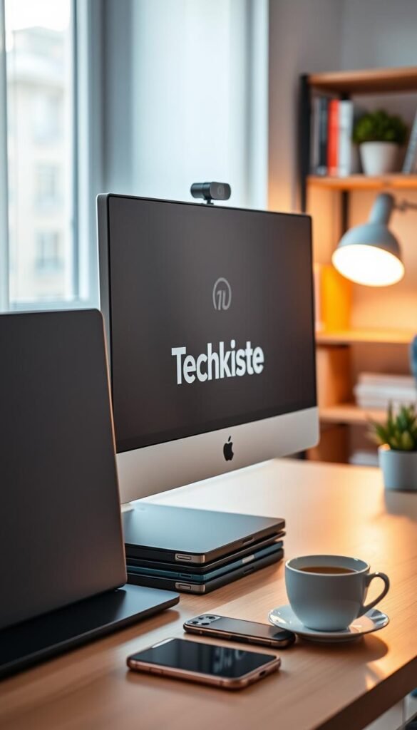 A modern home office setup featuring a sleek desktop monitor with an integrated webcam, positioned prominently on the desk. The foreground shows a minimalistic workspace with a stylish laptop stacked next to the monitor, and a smartphone lying beside a cozy cup of coffee. The middle ground highlights a well-lit area with warm, natural lighting coming through a nearby window, creating a welcoming atmosphere. The background includes a soft, blurred shelf filled with books and a small indoor plant for added greenery. The brand name "TechKiste" is subtly integrated into the monitor's design. The overall scene conveys productivity and comfort, perfect for a home office environment, with an authentic Pinterest-inspired aesthetic.