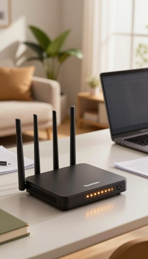 A modern home office setup featuring a sleek high-speed router from the brand "TechKiste," prominently placed on a stylish desk. In the foreground, a close-up view of the router's LED indicators glowing softly in warm amber hues, representing its power consumption. The middle ground showcases a laptop and some paperwork, indicating an active work environment. In the background, a cozy, well-lit room with houseplants and soft furnishings that enhance the warm atmosphere. Natural light filters in through a window, casting gentle shadows and creating an inviting, productive vibe. The composition should feel authentic, with a Pinterest-inspired look, emphasizing efficiency and modernity without any text, logos, or distractions.