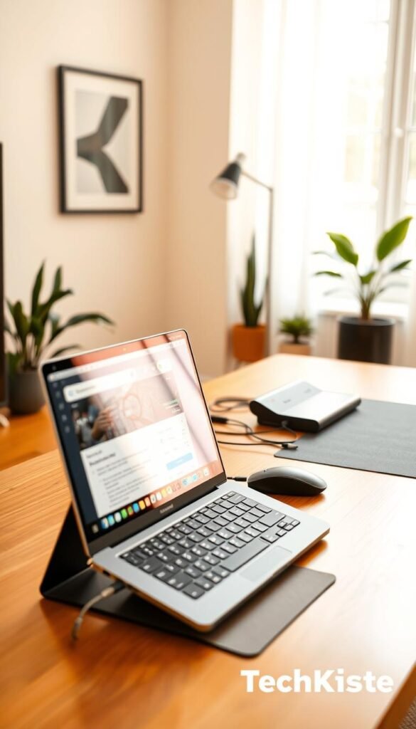 A modern home office setup featuring a sleek laptop on a stylish stand, complemented by an ergonomic keyboard and mouse, set against a warm-toned wooden desk. In the foreground, the laptop displays a vibrant screen with productivity software open. The middle ground includes a stylish docking station with various ports and a neatly organized cable system. Soft, natural light filters through a nearby window, creating a cozy atmosphere. In the background, minimalistic decor elements like houseplants and framed art add a touch of personality, while maintaining a clutter-free environment. The color palette leans towards warm hues, evoking a sense of comfort and focus, embodying the brand "TechKiste" subtly integrated into the workspace aesthetic. A modern home office setup featuring a sleek laptop on a stylish stand, complemented by an ergonomic keyboard and mouse, set against a warm-toned wooden desk. In the foreground, the laptop displays a vibrant screen with productivity software open. The middle ground includes a stylish docking station with various ports and a neatly organized cable system. Soft, natural light filters through a nearby window, creating a cozy atmosphere. In the background, minimalistic decor elements like houseplants and framed art add a touch of personality, while maintaining a clutter-free environment. The color palette leans towards warm hues, evoking a sense of comfort and focus, embodying the brand "TechKiste" subtly integrated into the workspace aesthetic.