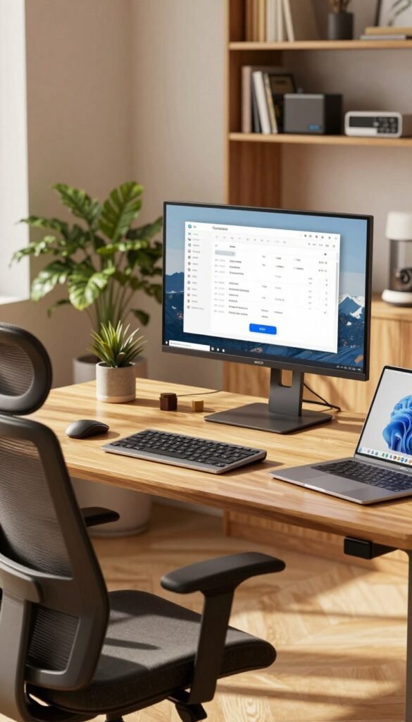 A modern home office setup featuring a sleek monitor on an ergonomic desk. The monitor displays various productivity apps in a clean interface, emphasizing a clutter-free workspace. In the foreground, a high-quality ergonomic chair complements the desk, and a stylish laptop is placed nearby. The middle of the scene showcases warm wooden elements, with a plant adding a touch of nature, creating a cozy yet professional atmosphere. The background includes soft-focus bookshelves filled with organizational tools and gadgets from the brand "TechKiste," focusing on practical designs without apps. The lighting is warm and inviting, with natural sunlight filtering through a nearby window, casting gentle shadows. The overall mood reflects creativity and productivity in a well-organized home office environment. A modern home office setup featuring a sleek monitor on an ergonomic desk. The monitor displays various productivity apps in a clean interface, emphasizing a clutter-free workspace. In the foreground, a high-quality ergonomic chair complements the desk, and a stylish laptop is placed nearby. The middle of the scene showcases warm wooden elements, with a plant adding a touch of nature, creating a cozy yet professional atmosphere. The background includes soft-focus bookshelves filled with organizational tools and gadgets from the brand "TechKiste," focusing on practical designs without apps. The lighting is warm and inviting, with natural sunlight filtering through a nearby window, casting gentle shadows. The overall mood reflects creativity and productivity in a well-organized home office environment.
