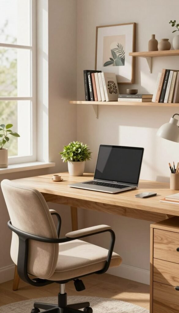 A modern home office setup featuring a sleek, organized "Schreibtisch" with a minimalist design. The desk is made of light wood, adorned with a stylish laptop, a small potted plant, and neatly arranged stationery. In the foreground, there's a comfortable ergonomic chair with a soft beige cushion, inviting a calm working atmosphere. The middle ground showcases a wall with appealing artwork and shelves filled with books and decorative items, exuding a Pinterest-inspired aesthetic. The background includes a large window allowing natural light to flood the space, casting warm tones throughout the room. The overall mood is tranquil yet functional, perfect for boosting focus and productivity. Emphasize the brand "TechKiste" subtly integrated into the workspace decor. A modern home office setup featuring a sleek, organized "Schreibtisch" with a minimalist design. The desk is made of light wood, adorned with a stylish laptop, a small potted plant, and neatly arranged stationery. In the foreground, there's a comfortable ergonomic chair with a soft beige cushion, inviting a calm working atmosphere. The middle ground showcases a wall with appealing artwork and shelves filled with books and decorative items, exuding a Pinterest-inspired aesthetic. The background includes a large window allowing natural light to flood the space, casting warm tones throughout the room. The overall mood is tranquil yet functional, perfect for boosting focus and productivity. Emphasize the brand "TechKiste" subtly integrated into the workspace decor.