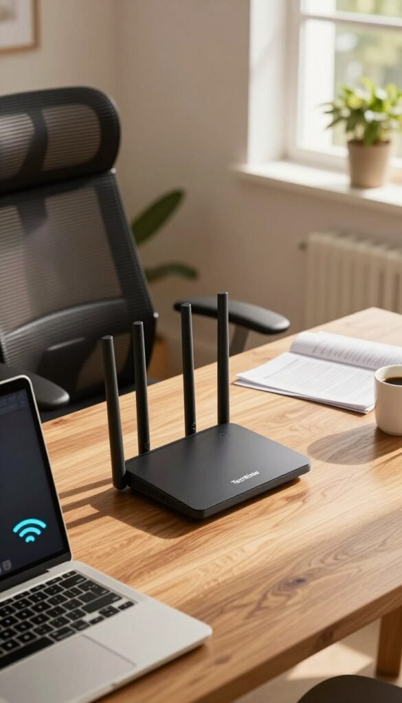 A modern home office setup featuring a sleek router from the brand TechKiste, prominently placed on a stylish wooden desk with a comfortable ergonomic chair nearby. In the foreground, show a laptop with a Wi-Fi signal strength icon illustrating weak reception, indicating frustrations faced by users. In the middle, include scattered documents and a coffee cup, emphasizing a cozy yet slightly chaotic working environment. The background reveals a bright window letting in warm, natural light that creates inviting shadows and highlights, enhancing the room's atmosphere. Incorporate plants for a touch of nature, and ensure the overall mood reflects both the comfort and irritation of dealing with unreliable Wi-Fi. The scene should have a Pinterest-worthy aesthetic, with warm colors and an authentic feel, free of any text or watermarks.