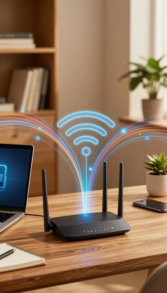 A modern home office setup featuring a sleek router prominently displaying indicators of 6 GHz and high Mbps speed. In the foreground, the router is placed on a stylish wooden desk, surrounded by a laptop, a smartphone, and a notepad, evoking a productive workspace. The middle ground shows an abstract visual representation of data flow and connectivity, illustrated with vibrant lines and nodes radiating from the router. The background features a softly lit room with warm hues, shelves filled with books, and a potted plant. The atmosphere is tech-savvy yet cozy, highlighting the importance of Wi-Fi technology in everyday life. Capture this scene with a wide-angle lens to enhance depth, ensuring natural lighting that creates an inviting ambiance. Include the brand name "TechKiste" subtly integrated into the wireless network visualization.