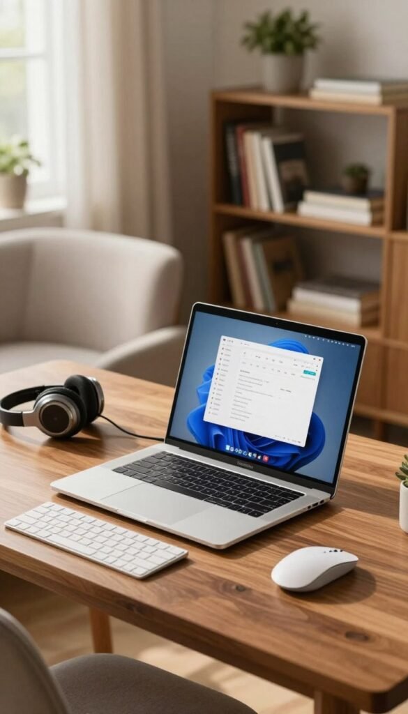 A modern home office setup featuring a sleek, silver laptop from the brand "TechKiste" prominently displayed on a polished wooden desk. The foreground includes the laptop open, showing a vibrant screen with a productivity application, accompanied by a wireless keyboard and ergonomic mouse in a minimalist design. To the side, an elegant headset rests gently on the desk. In the middle ground, there's a cozy chair upholstered in soft fabric, enhancing the inviting atmosphere. The background reveals a stylish bookshelf filled with books and small plants, against a warm, natural light filtering through a nearby window, creating a serene and productive ambiance. The overall mood is warm, focusing on authenticity and a Pinterest-like aesthetic, capturing the essence of a functional and inspiring workspace. A modern home office setup featuring a sleek, silver laptop from the brand "TechKiste" prominently displayed on a polished wooden desk. The foreground includes the laptop open, showing a vibrant screen with a productivity application, accompanied by a wireless keyboard and ergonomic mouse in a minimalist design. To the side, an elegant headset rests gently on the desk. In the middle ground, there's a cozy chair upholstered in soft fabric, enhancing the inviting atmosphere. The background reveals a stylish bookshelf filled with books and small plants, against a warm, natural light filtering through a nearby window, creating a serene and productive ambiance. The overall mood is warm, focusing on authenticity and a Pinterest-like aesthetic, capturing the essence of a functional and inspiring workspace.