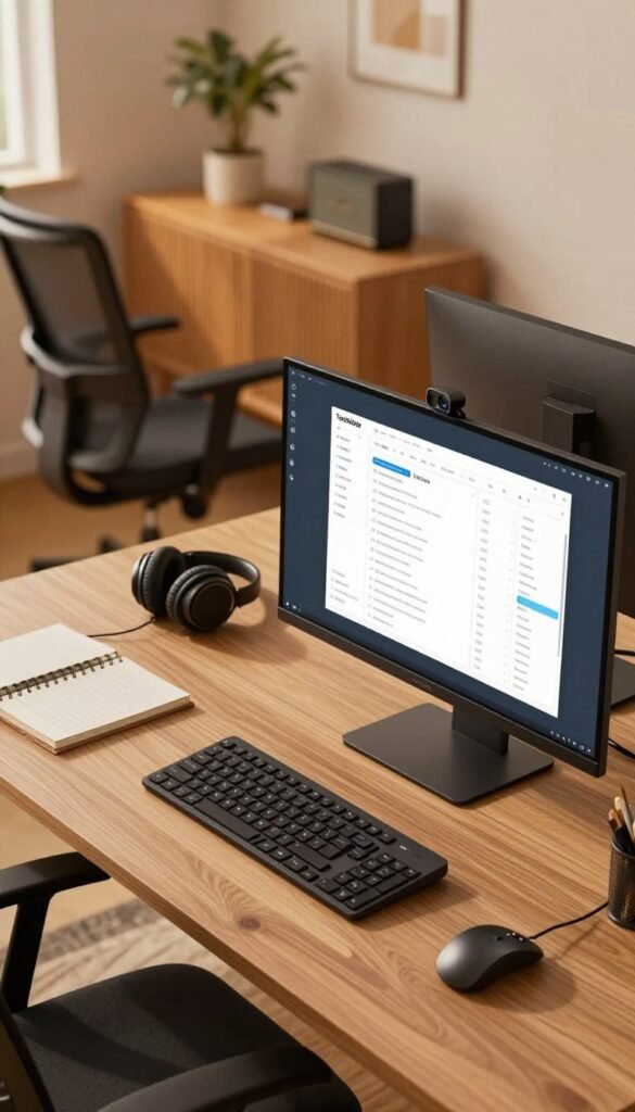 A modern home office setup featuring a sleek webcam interface titled "TechKiste" on a computer screen. In the foreground, a stylish desktop with a high-resolution monitor displaying various software settings and compatibility options, showcasing an intuitive user interface. The middle ground depicts an ergonomic office chair and a well-organized desk with professional tools like headphones and a notebook. The background features a softly lit room with warm, inviting colors, adding a Pinterest-inspired aesthetic. The lighting is natural and warm, creating a cozy atmosphere, perfect for a productive work environment. An angle capturing a slight top-down view enhances the depth while keeping the focus on the software interface. The mood conveys professionalism, innovation, and comfort.