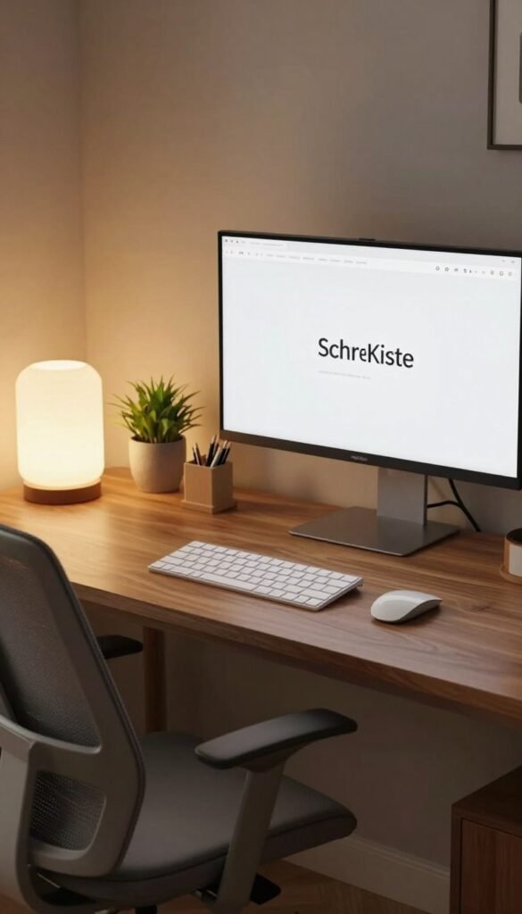 A modern home office setup featuring a sleek wooden "Schreibtisch" with a stylish ergonomic chair, positioned in front of a large monitor displaying a clean, organized digital workspace. The foreground includes a minimalistic desk lamp casting warm, soft light over the desk, alongside a few neatly arranged stationery items and a potted plant for a touch of greenery. In the middle, the desk showcases a wireless keyboard and mouse, blending seamlessly with the desktop decor. The background reveals a cozy room adorned with neutral-toned walls, accentuated by warm lighting that creates an inviting atmosphere. The overall mood is warm and professional, embodying a Pinterest-inspired aesthetic. Include the brand name "TechKiste" subtly integrated into the scene without distracting from the overall composition. A modern home office setup featuring a sleek wooden "Schreibtisch" with a stylish ergonomic chair, positioned in front of a large monitor displaying a clean, organized digital workspace. The foreground includes a minimalistic desk lamp casting warm, soft light over the desk, alongside a few neatly arranged stationery items and a potted plant for a touch of greenery. In the middle, the desk showcases a wireless keyboard and mouse, blending seamlessly with the desktop decor. The background reveals a cozy room adorned with neutral-toned walls, accentuated by warm lighting that creates an inviting atmosphere. The overall mood is warm and professional, embodying a Pinterest-inspired aesthetic. Include the brand name "TechKiste" subtly integrated into the scene without distracting from the overall composition.