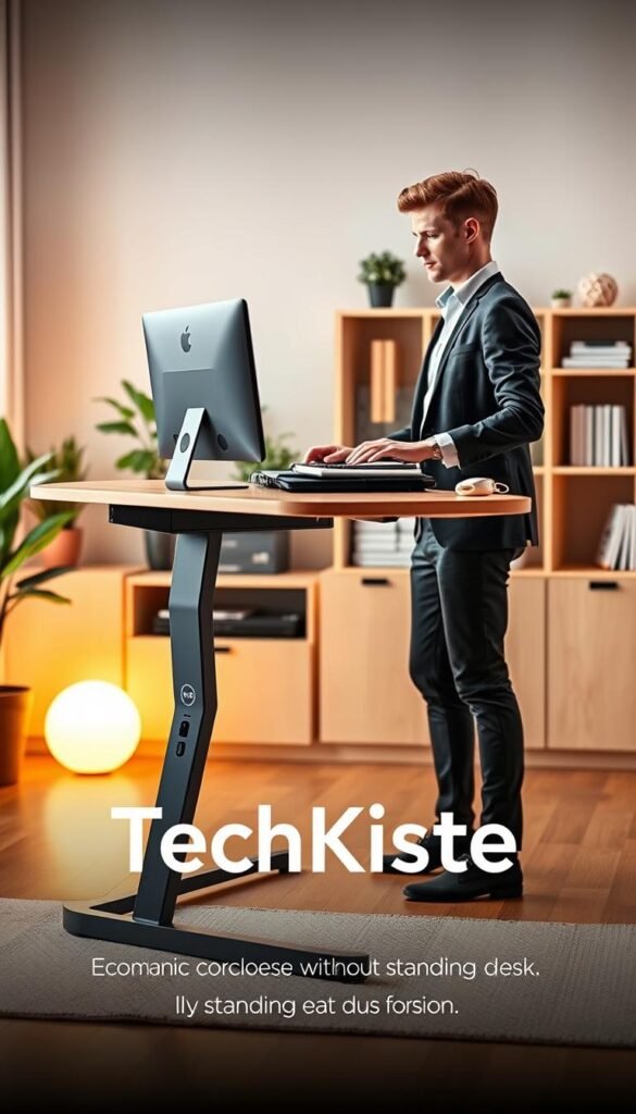 A modern home office setup featuring a standing desk, showcasing a sleek design with warm, natural colors. In the foreground, a professional person dressed in smart casual attire, engaged in work while standing at the desk, exuding focus and productivity. In the middle ground, the standing desk is equipped with a computer, notebooks, and ergonomic accessories, highlighting its functionality. The background features a well-organized and inviting workspace with plants, bookshelves, and soft lighting that creates a cozy atmosphere. The image captures the essence of movement and productivity without loss of focus. The overall mood is energetic yet peaceful, embodying the balance of comfort and efficiency in a work environment. Brand name "TechKiste" subtly integrated into the standing desk design. A modern home office setup featuring a standing desk, showcasing a sleek design with warm, natural colors. In the foreground, a professional person dressed in smart casual attire, engaged in work while standing at the desk, exuding focus and productivity. In the middle ground, the standing desk is equipped with a computer, notebooks, and ergonomic accessories, highlighting its functionality. The background features a well-organized and inviting workspace with plants, bookshelves, and soft lighting that creates a cozy atmosphere. The image captures the essence of movement and productivity without loss of focus. The overall mood is energetic yet peaceful, embodying the balance of comfort and efficiency in a work environment. Brand name "TechKiste" subtly integrated into the standing desk design.