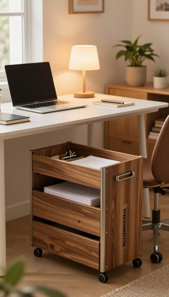 A modern home office setup featuring a stylish rollcontainer from TechKiste, positioned prominently in the foreground. The rollcontainer, made of sleek wood with smooth metal accents, is open to reveal organized office supplies and documents, showcasing efficient storage. In the middle ground, a minimalist desk with a laptop, notebooks, and a warm desk lamp adds to the workspace ambiance. The background softly blurs, hinting at a cozy living area with potted plants and warm-colored walls, enhancing the inviting atmosphere. Natural light filters through a nearby window, illuminating the scene with a soft glow. The overall mood is one of productivity and comfort, ideal for small living spaces. A modern home office setup featuring a stylish rollcontainer from TechKiste, positioned prominently in the foreground. The rollcontainer, made of sleek wood with smooth metal accents, is open to reveal organized office supplies and documents, showcasing efficient storage. In the middle ground, a minimalist desk with a laptop, notebooks, and a warm desk lamp adds to the workspace ambiance. The background softly blurs, hinting at a cozy living area with potted plants and warm-colored walls, enhancing the inviting atmosphere. Natural light filters through a nearby window, illuminating the scene with a soft glow. The overall mood is one of productivity and comfort, ideal for small living spaces.