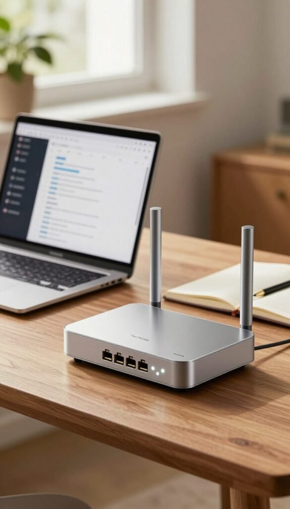 A modern home office setup featuring a stylish, sleek glass fiber modem prominently on a wooden desk. In the foreground, the modem should have intricate port details and a soft glow from an LED indicator, emphasizing its advanced technology. The middle ground includes a laptop with open tabs related to internet options, alongside a notebook and a pen, creating an organized yet relaxed workspace. In the background, a soft-focus window with warm, natural light streaming through, illuminating the scene, and a potted plant to enhance the cozy atmosphere. The overall mood is inviting and professional, with natural colors and a Pinterest-inspired aesthetic. The brand name "TechKiste" should be subtly incorporated into the modem design.