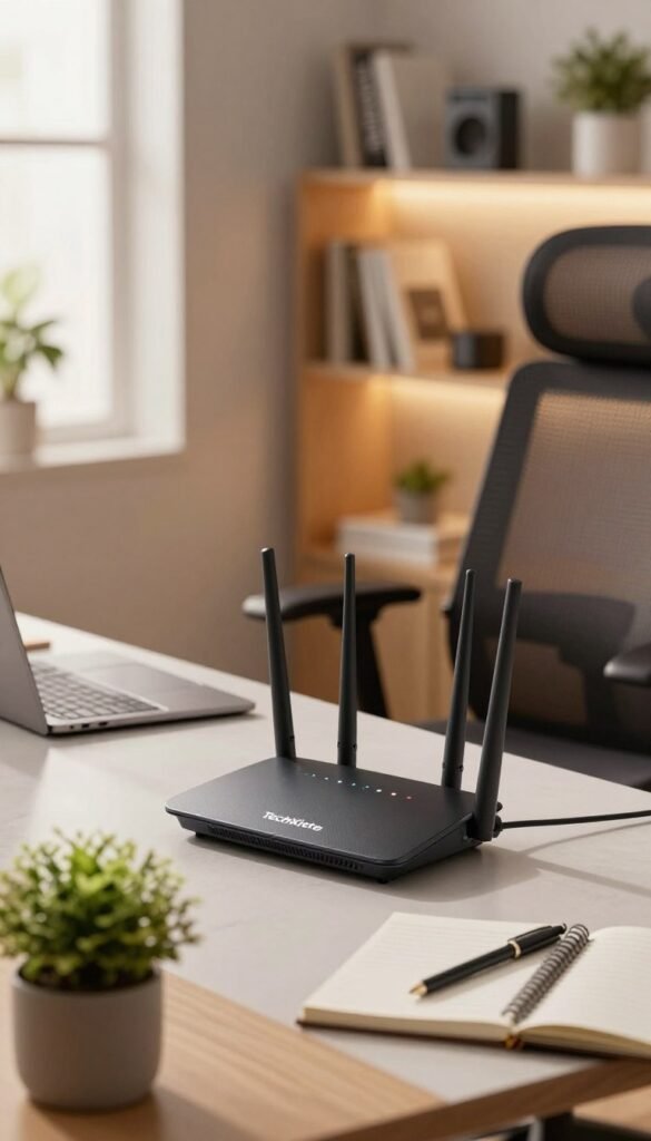 A modern home office setup featuring a stylish tabletop with a sleek router prominently displayed. The router, branded "TechKiste," showcases multiple antennas and LED indicators, symbolizing connectivity and efficiency. In the foreground, a potted plant adds a touch of greenery, while a laptop and notepad suggest an active workspace. The middle ground includes a comfortable ergonomic chair, enhancing the professional atmosphere. The background presents a softly lit room with shelves holding books and tech gadgets, creating a warm, inviting ambiance. Natural light filters in through a window, casting a gentle glow over the scene. The mood is focused and productive, ideal for a home office setting.