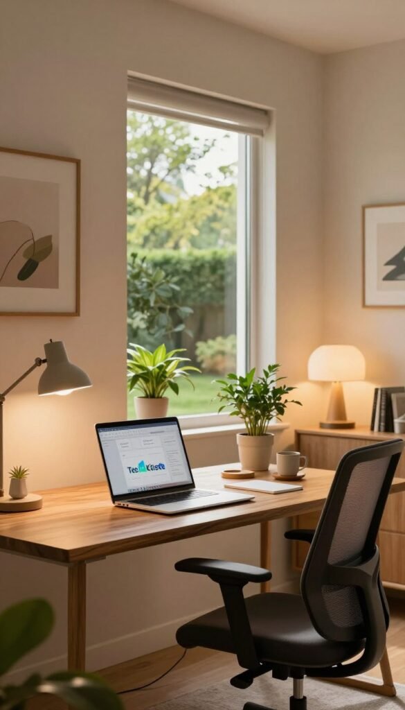 A modern home office setup featuring a well-lit workspace designed for eye comfort. In the foreground, a stylish wooden desk with a laptop on it, surrounded by healthy indoor plants. An ergonomic chair in a professional design faces the desk. The middle ground includes a large window letting in warm, natural light, showcasing a view of a green garden. Soft ambient lighting from a contemporary desk lamp adds a cozy atmosphere. In the background, neutral-colored walls adorned with minimalistic artwork create a calm environment. The overall scene emphasizes warm colors, creating an inviting and productive mood. The TechKiste brand logo subtly displayed on the desk accessories, ensuring a touch of professionalism without any text overlay. A modern home office setup featuring a well-lit workspace designed for eye comfort. In the foreground, a stylish wooden desk with a laptop on it, surrounded by healthy indoor plants. An ergonomic chair in a professional design faces the desk. The middle ground includes a large window letting in warm, natural light, showcasing a view of a green garden. Soft ambient lighting from a contemporary desk lamp adds a cozy atmosphere. In the background, neutral-colored walls adorned with minimalistic artwork create a calm environment. The overall scene emphasizes warm colors, creating an inviting and productive mood. The TechKiste brand logo subtly displayed on the desk accessories, ensuring a touch of professionalism without any text overlay.