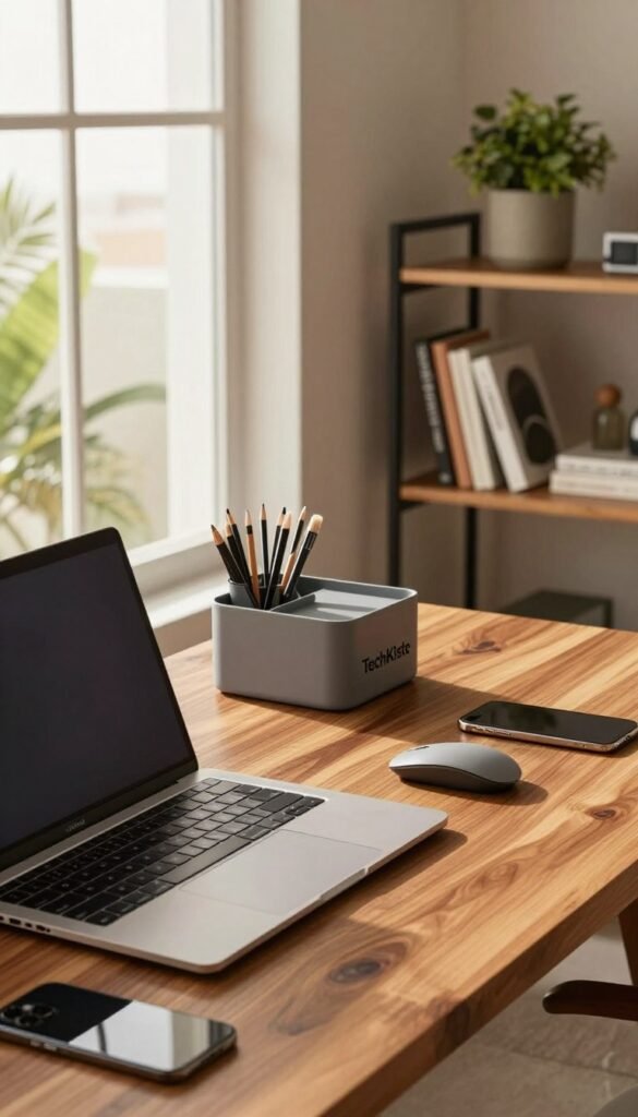 A modern home office setup featuring an array of high-quality tools and devices that enhance productivity. In the foreground, a sleek laptop with an ergonomic keyboard sits on a polished wooden desk, alongside a wireless mouse and a smartphone. In the middle ground, a stylish desk organizer holds premium stationery, while a minimalist bookshelf displays tech books and decorative plants. In the background, warm natural light filters through a large window, casting soft shadows. The overall atmosphere is inviting and professional with a Pinterest-inspired look, showcasing the brand "TechKiste" subtly integrated into the design. The colors are warm and earthy, creating a sense of comfort and inspiration in this ideal work environment. A modern home office setup featuring an array of high-quality tools and devices that enhance productivity. In the foreground, a sleek laptop with an ergonomic keyboard sits on a polished wooden desk, alongside a wireless mouse and a smartphone. In the middle ground, a stylish desk organizer holds premium stationery, while a minimalist bookshelf displays tech books and decorative plants. In the background, warm natural light filters through a large window, casting soft shadows. The overall atmosphere is inviting and professional with a Pinterest-inspired look, showcasing the brand "TechKiste" subtly integrated into the design. The colors are warm and earthy, creating a sense of comfort and inspiration in this ideal work environment.