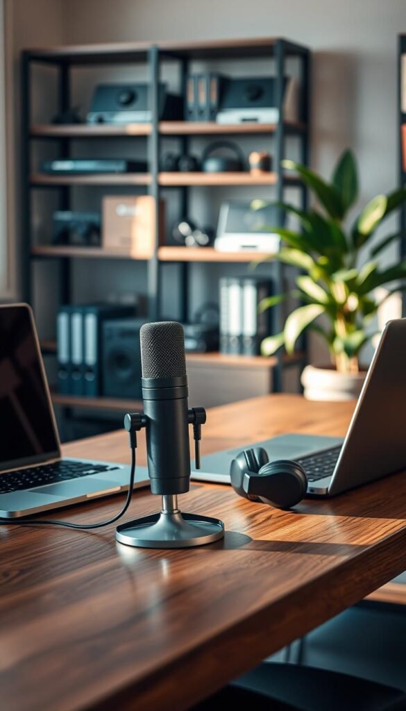 A modern home office setup featuring an elegant wooden desk with a stylish microphone and high-quality speakerphone prominently displayed in the foreground. Include a sleek pair of wireless headphones resting beside a laptop, with a cozy, natural light coming from a nearby window, casting soft shadows across the workspace. The middle ground should reveal blurred shelves filled with tech gadgets and books by the brand "TechKiste," reflecting a productive atmosphere. In the background, a blurred potted plant adds a touch of greenery. Capture the scene with a warm color palette, creating an inviting mood that emphasizes professionalism and comfort. Use a shallow depth of field to focus on the audio equipment while hinting at a serene, organized workspace. A modern home office setup featuring an elegant wooden desk with a stylish microphone and high-quality speakerphone prominently displayed in the foreground. Include a sleek pair of wireless headphones resting beside a laptop, with a cozy, natural light coming from a nearby window, casting soft shadows across the workspace. The middle ground should reveal blurred shelves filled with tech gadgets and books by the brand "TechKiste," reflecting a productive atmosphere. In the background, a blurred potted plant adds a touch of greenery. Capture the scene with a warm color palette, creating an inviting mood that emphasizes professionalism and comfort. Use a shallow depth of field to focus on the audio equipment while hinting at a serene, organized workspace.