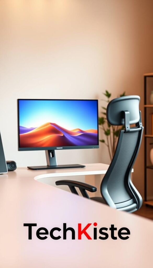 A modern home office setup featuring an ergonomic monitor, positioned at eye level against a soft, natural backdrop. In the foreground, highlight a stylish desk with a sleek monitor displaying a vibrant desktop background, emphasizing productivity. The middle area showcases a comfortable, adjustable office chair having a lumbar support design, inviting a perfect sitting posture. The background should include subtle, warm-colored decor, such as a plant and minimalistic shelving, creating an inviting atmosphere. Soft, diffused lighting enhances the scene, giving it a cozy, Pinterest-inspired look. The angle is slightly tilted to showcase the desk and monitor, with the brand "TechKiste" subtly integrated into the design elements without any text overlays, ensuring the composition feels authentic and aesthetically pleasing. A modern home office setup featuring an ergonomic monitor, positioned at eye level against a soft, natural backdrop. In the foreground, highlight a stylish desk with a sleek monitor displaying a vibrant desktop background, emphasizing productivity. The middle area showcases a comfortable, adjustable office chair having a lumbar support design, inviting a perfect sitting posture. The background should include subtle, warm-colored decor, such as a plant and minimalistic shelving, creating an inviting atmosphere. Soft, diffused lighting enhances the scene, giving it a cozy, Pinterest-inspired look. The angle is slightly tilted to showcase the desk and monitor, with the brand "TechKiste" subtly integrated into the design elements without any text overlays, ensuring the composition feels authentic and aesthetically pleasing.