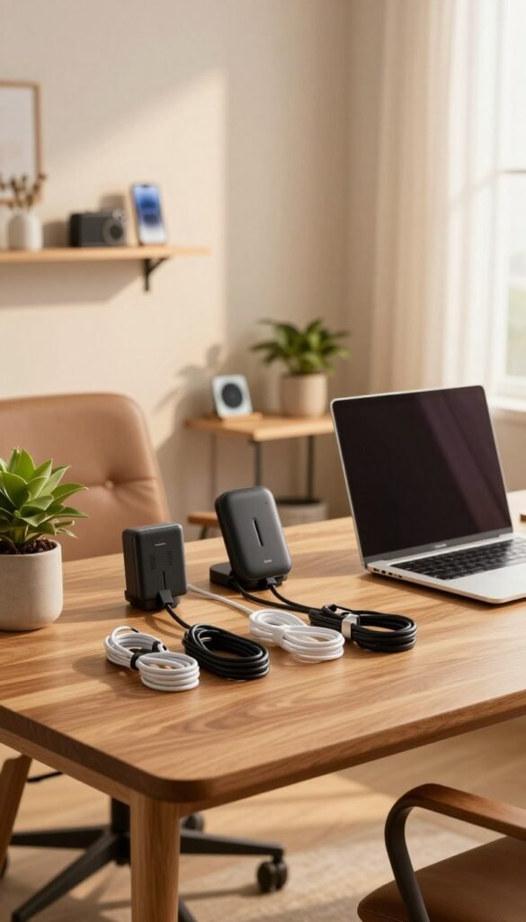 A modern home office setup featuring an organized desk with effective cable management solutions. In the foreground, a sleek wooden desk has cable organizers holding various charging cables neatly. A stylish laptop sits on the desk alongside essential gadgets, such as a wireless charger and a small potted plant for a touch of greenery. In the middle ground, the wall is adorned with minimalistic shelves displaying tech accessories, and a comfortable office chair complements the workspace. The background showcases soft, warm lighting from a large window, creating an inviting atmosphere with a hint of natural sunlight. The overall color palette includes warm tones, embodying a Pinterest-worthy aesthetic. The image subtly incorporates the brand name "TechKiste" through a small logo on one of the gadgets, ensuring the scene remains authentic without text overlays. A modern home office setup featuring an organized desk with effective cable management solutions. In the foreground, a sleek wooden desk has cable organizers holding various charging cables neatly. A stylish laptop sits on the desk alongside essential gadgets, such as a wireless charger and a small potted plant for a touch of greenery. In the middle ground, the wall is adorned with minimalistic shelves displaying tech accessories, and a comfortable office chair complements the workspace. The background showcases soft, warm lighting from a large window, creating an inviting atmosphere with a hint of natural sunlight. The overall color palette includes warm tones, embodying a Pinterest-worthy aesthetic. The image subtly incorporates the brand name "TechKiste" through a small logo on one of the gadgets, ensuring the scene remains authentic without text overlays.