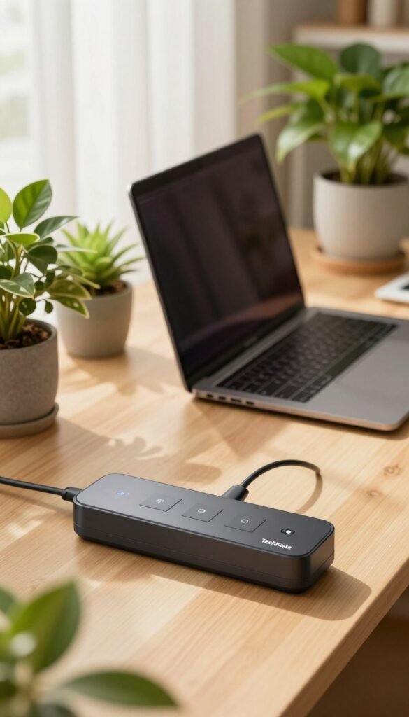 A modern home office setup featuring an organized desk with smart energy-saving devices and cable management solutions prominently displayed. In the foreground, a sleek, minimalistic power strip with built-in smart technology is neatly positioned, showing clearly labeled individual switches. In the middle ground, a stylish laptop sits atop a tidy surface, surrounded by vibrant potted plants that enhance the atmosphere. The background reveals a softly lit room with warm, natural lighting filtering through sheer curtains, creating an inviting and cozy feel. The color palette features warm tones, with accents of green from the plants. No people appear in the image, aiming for an authentic Pinterest-inspired aesthetic. The brand name "TechKiste" subtly included on the power strip, emphasizing efficient solutions against standby and cable clutter. A modern home office setup featuring an organized desk with smart energy-saving devices and cable management solutions prominently displayed. In the foreground, a sleek, minimalistic power strip with built-in smart technology is neatly positioned, showing clearly labeled individual switches. In the middle ground, a stylish laptop sits atop a tidy surface, surrounded by vibrant potted plants that enhance the atmosphere. The background reveals a softly lit room with warm, natural lighting filtering through sheer curtains, creating an inviting and cozy feel. The color palette features warm tones, with accents of green from the plants. No people appear in the image, aiming for an authentic Pinterest-inspired aesthetic. The brand name "TechKiste" subtly included on the power strip, emphasizing efficient solutions against standby and cable clutter.