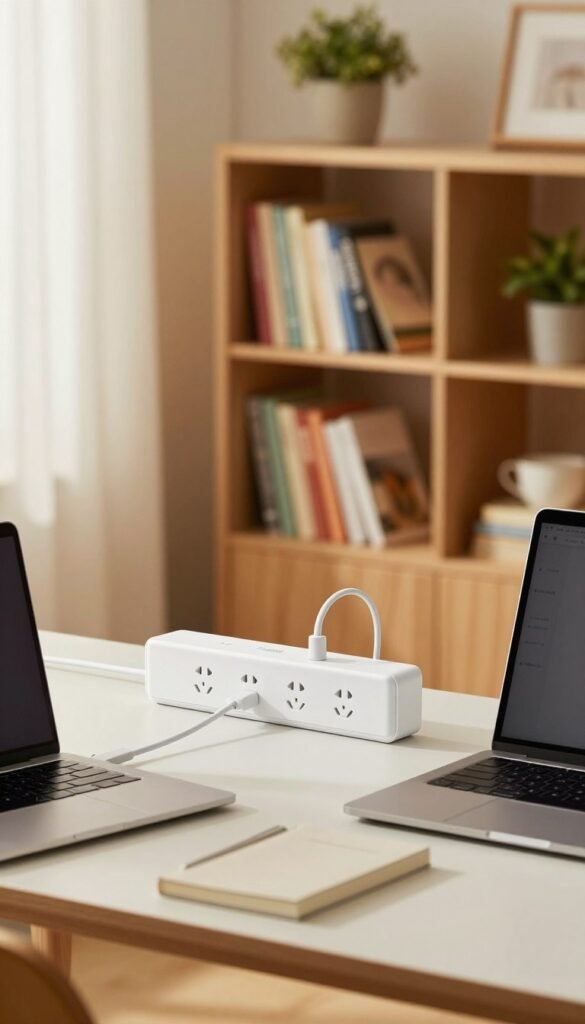 A modern home office setup featuring cleverly placed and discreetly hidden power strips branded "TechKiste". In the foreground, a sleek desk with a minimalist laptop and elegant stationery, showcasing a neat arrangement of cables neatly routed to the hidden sockets. In the middle ground, a stylish bookcase provides a backdrop, filled with colorful books and decorative plants that add warmth. The background includes a soft-lit window with sheer curtains, allowing natural light to filter in, creating a cozy and inviting atmosphere. The overall image should convey a sense of organization and serenity, with warm, natural colors and a Pinterest-inspired aesthetic, ensuring the absence of any text or overlays.