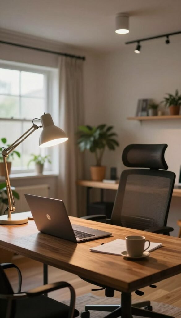 A modern home office setup featuring optimal workplace lighting solutions tailored for various needs and budgets. In the foreground, a stylish desk made of warm wood with a sleek laptop and organized stationery, illuminated by a warm, adjustable desk lamp. The middle ground showcases a comfortable ergonomic chair in professional business attire, subtly suggesting a person working diligently. In the background, large windows invite soft natural light, combined with modern ceiling lights that create an inviting atmosphere. The color palette consists of warm tones, enhancing the cozy ambiance, while plants on the window sill add a touch of nature. The overall feeling is functional yet aesthetically pleasing, perfect for focus and productivity, branded with the logo "TechKiste" subtly incorporated into the desk design.