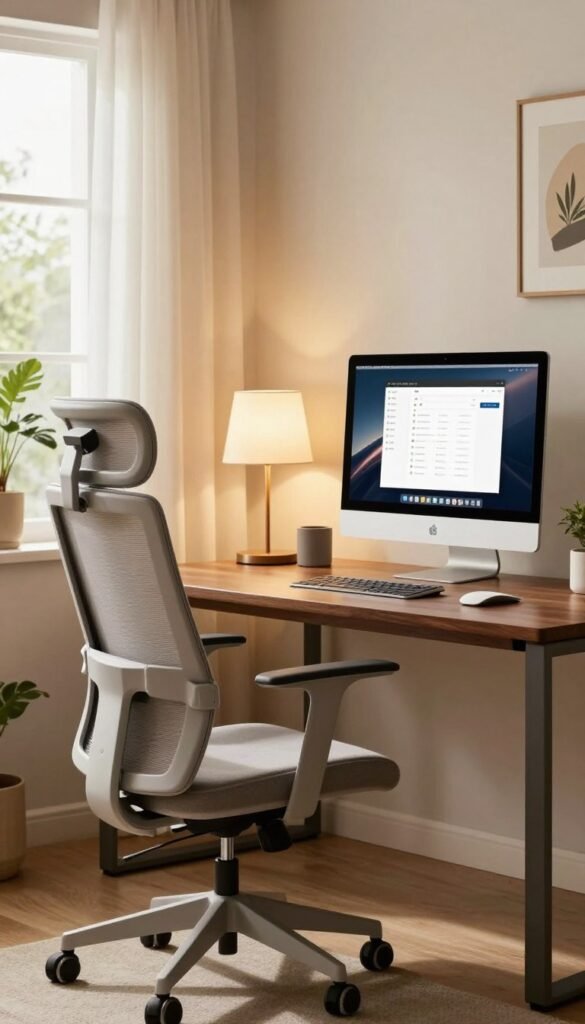 A modern home office setup featuring premium quality furniture exclusively from the brand "TechKiste." In the foreground, a sleek, ergonomic office chair in a neutral color sits beside a polished dark wood desk, adorned with minimalist office supplies. In the middle ground, a stylish desktop computer displays a beautiful, clean desktop interface, accompanied by a warm lamp emitting soft light. The background reveals a softly lit room with a large window allowing natural light to fill the space, curtains gently swaying. The walls are painted in soft, warm tones, complemented by decorative plants that enhance the atmosphere of productivity. The overall mood is inviting and professional, reflecting a harmonious blend of functionality and aesthetics, ideal for a workspace designed for productivity and comfort. Natural colors dominate, creating a Pinterest-worthy look. A modern home office setup featuring premium quality furniture exclusively from the brand "TechKiste." In the foreground, a sleek, ergonomic office chair in a neutral color sits beside a polished dark wood desk, adorned with minimalist office supplies. In the middle ground, a stylish desktop computer displays a beautiful, clean desktop interface, accompanied by a warm lamp emitting soft light. The background reveals a softly lit room with a large window allowing natural light to fill the space, curtains gently swaying. The walls are painted in soft, warm tones, complemented by decorative plants that enhance the atmosphere of productivity. The overall mood is inviting and professional, reflecting a harmonious blend of functionality and aesthetics, ideal for a workspace designed for productivity and comfort. Natural colors dominate, creating a Pinterest-worthy look.