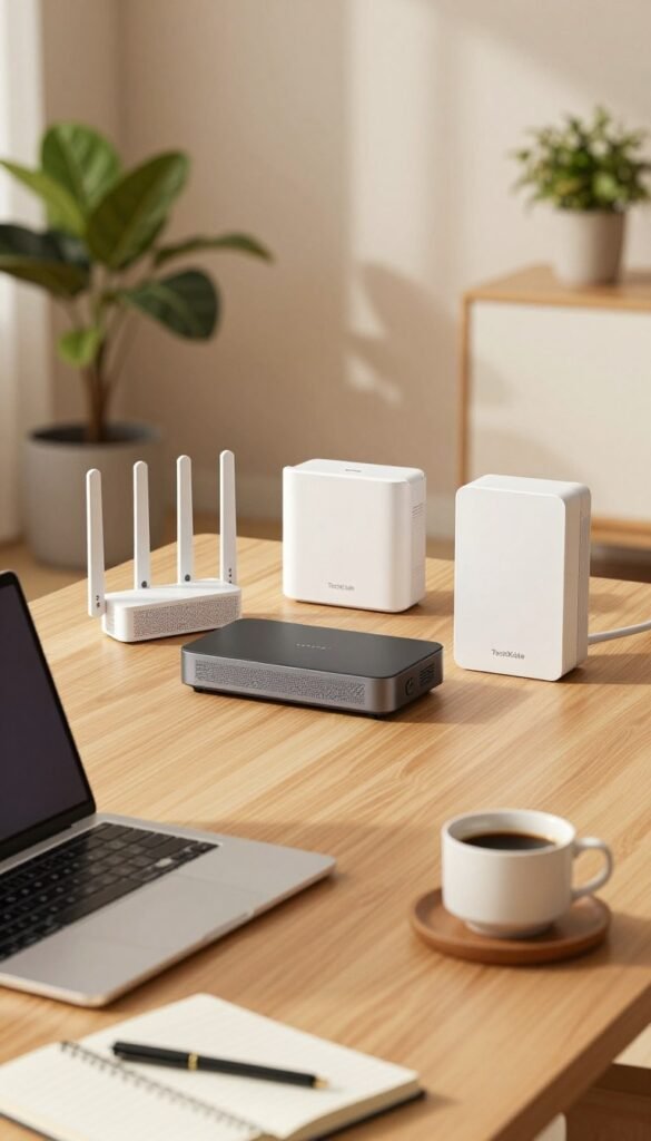 A modern home office setup focusing on WLAN solutions, featuring a sleek, stylish workspace with a wireless repeater, mesh network devices, and an access point prominently displayed on a minimalist desk. In the foreground, include a sleek laptop and a notebook opened next to a cup of coffee, creating an inviting atmosphere. The middle layer includes three WLAN devices—one repeater, one mesh system, and one access point—styled in a warm color palette that complements the natural wood finish of the desk. The background showcases a softly lit room with potted plants and a window casting serene natural light. The scene is peaceful and functional, evoking a productive home office environment. Featuring the brand name "TechKiste" in an integrated, subtle manner. A modern home office setup focusing on WLAN solutions, featuring a sleek, stylish workspace with a wireless repeater, mesh network devices, and an access point prominently displayed on a minimalist desk. In the foreground, include a sleek laptop and a notebook opened next to a cup of coffee, creating an inviting atmosphere. The middle layer includes three WLAN devices—one repeater, one mesh system, and one access point—styled in a warm color palette that complements the natural wood finish of the desk. The background showcases a softly lit room with potted plants and a window casting serene natural light. The scene is peaceful and functional, evoking a productive home office environment. Featuring the brand name "TechKiste" in an integrated, subtle manner.