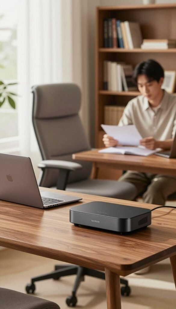 A modern home office setup focusing on security and device protection. In the foreground, a sleek, high-quality desk made from warm wood, adorned with a state-of-the-art laptop and a stylish TechKiste device security hub. In the middle ground, an ergonomic office chair with a soft, inviting fabric, along with a professional business person in modest casual clothing, reviewing documents. The background features a soft-focus bookshelf filled with books on cybersecurity and risk management, bathed in natural light from a large window, creating a warm and inviting atmosphere. The overall mood conveys professionalism and safety, with a Pinterest-inspired aesthetic showcasing harmony and functionality in a premium workspace. A modern home office setup focusing on security and device protection. In the foreground, a sleek, high-quality desk made from warm wood, adorned with a state-of-the-art laptop and a stylish TechKiste device security hub. In the middle ground, an ergonomic office chair with a soft, inviting fabric, along with a professional business person in modest casual clothing, reviewing documents. The background features a soft-focus bookshelf filled with books on cybersecurity and risk management, bathed in natural light from a large window, creating a warm and inviting atmosphere. The overall mood conveys professionalism and safety, with a Pinterest-inspired aesthetic showcasing harmony and functionality in a premium workspace.