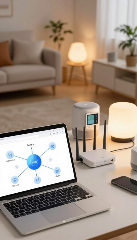 A modern home office setup illustrating the concept of "network segmentation" for smart home devices. In the foreground, a sleek laptop displays a network diagram, showcasing guest networks, segmentation, and VLANs, with labels such as "Secure" and "Guest" clearly visualized. In the middle, stylish smart home devices like a thermostat and smart speakers sit elegantly on a desk, connected to a Wi-Fi router, emitting a soft warm glow. The background features a cozy living space with ambient lighting to create a relaxing atmosphere. The scene embraces natural colors and Pinterest aesthetics, emphasizing security and organization. Include subtle branding elements of "TechKiste" in a professional manner. The lighting is soft, creating a warm and inviting mood, with a focus on clarity and functionality. No text, watermarks, or signatures present.