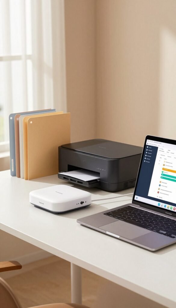 A modern home office setup showcasing a seamless blend of technology and organization. In the foreground, feature sleek gadgets and devices, like a stylish laptop and an advanced cloud storage device, branded with "TechKiste". In the middle, display neatly arranged folders, a compact printer, and software interface screens on the laptop showing productivity applications. The background should hint at calming wall colors and warm lighting, creating an inviting and productive atmosphere. Include a large window that lets in natural light, adorned with light curtains, enhancing the serene ambiance. The composition should be minimalist, reflecting a Pinterest-inspired aesthetic, with a focus on harmony and functionality, capturing the essence of tech-enabled organization in a home office environment.