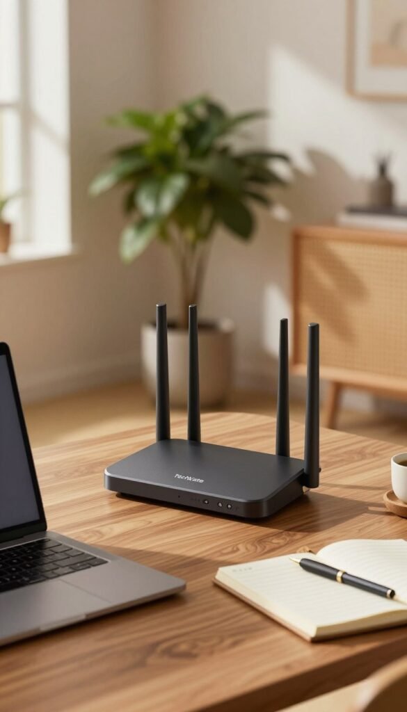 A modern home office setup showcasing a sleek TechKiste Wi-Fi 7 router with a minimalist design, placed prominently on a stylish desk adorned with warm-toned wooden textures. In the foreground, there are a professional laptop and a notepad with stationery, blending seamlessly into the home office aesthetics. The middle ground features a potted plant to add a touch of greenery and enhance the cozy atmosphere. In the background, a blurred view of a well-lit room suggests a harmonious work environment. Soft, diffused sunlight streams through a nearby window, creating an inviting ambiance. The image should evoke a sense of cutting-edge technology, productivity, and comfort, emphasizing the connectivity and speed of Wi-Fi 7.
