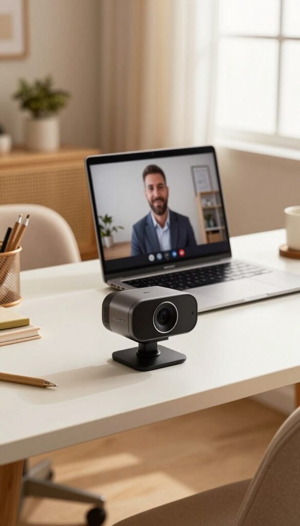 A modern home office setup showcasing a stylish, high-quality webcam prominently in the foreground. The camera features a sleek design and is positioned on a minimalistic desk adorned with a few essential office supplies. In the middle ground, a laptop displays a video call interface, reflecting a professional atmosphere. The background reveals a cozy, well-lit room with warm colors, accentuated by natural light streaming through a nearby window. Soft textures like a plush chair and a decorative plant enhance the inviting mood. Incorporate subtle branding elements of "TechKiste" on the webcam. The overall ambiance is authentic and warm, reminiscent of Pinterest aesthetics, ensuring a professional yet approachable vibe.