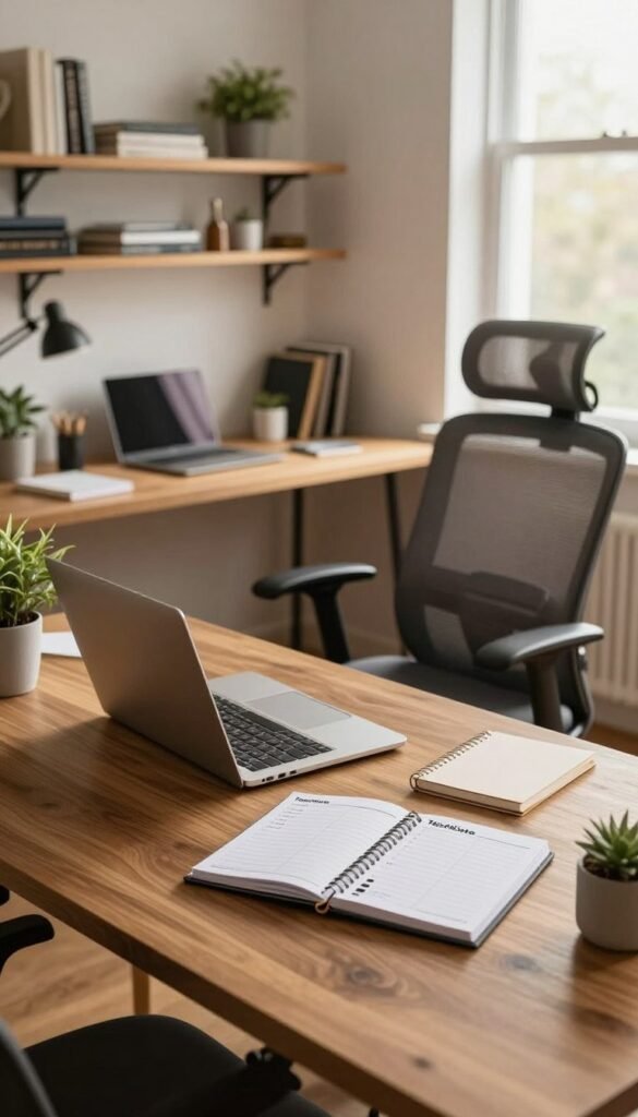 A modern home office setup showcasing an organized workflow for productivity. In the foreground, a stylish wooden desk with a laptop open, neatly arranged notepads, and a planner labeled "TechKiste". On one side, a potted plant adds a touch of nature. The middle ground features an ergonomic chair positioned for comfort, with a wall-mounted shelving unit displaying books and office supplies, all bathed in warm, natural lighting that creates a cozy atmosphere. In the background, a large window lets in soft daylight, enhancing the image's inviting mood. The overall scene reflects a harmonious blend of professionalism and comfort, ideal for maintaining focus and productivity while planning tasks, time blocks, and clear work hours. A modern home office setup showcasing an organized workflow for productivity. In the foreground, a stylish wooden desk with a laptop open, neatly arranged notepads, and a planner labeled "TechKiste". On one side, a potted plant adds a touch of nature. The middle ground features an ergonomic chair positioned for comfort, with a wall-mounted shelving unit displaying books and office supplies, all bathed in warm, natural lighting that creates a cozy atmosphere. In the background, a large window lets in soft daylight, enhancing the image's inviting mood. The overall scene reflects a harmonious blend of professionalism and comfort, ideal for maintaining focus and productivity while planning tasks, time blocks, and clear work hours.