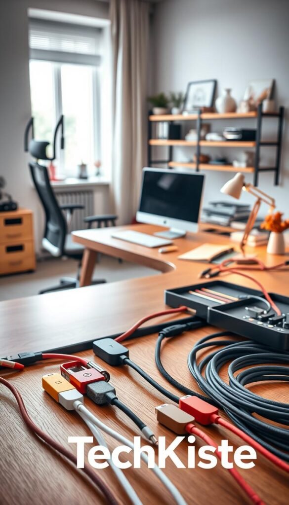 A modern home office setup showcasing effective kabelmanagement solutions. In the foreground, display neatly organized cables using various products like cable clips, under-desk trays, and cable sleeves, all in warm, inviting colors. The middle ground features a stylish wooden desk with a sleek laptop, a minimalist lamp, and tasteful office decor, all complemented by a comfortable ergonomic chair. The background includes a softly lit wall with a decorative shelf holding tech gadgets and books, creating an organized yet cozy atmosphere. The scene is illuminated by natural light streaming through a window, adding a bright and cheerful ambiance. The overall mood is professional and aesthetically pleasing, reflecting a Pinterest-worthy environment. Brand name "TechKiste" subtly incorporated in the design, without text overlays. A modern home office setup showcasing effective kabelmanagement solutions. In the foreground, display neatly organized cables using various products like cable clips, under-desk trays, and cable sleeves, all in warm, inviting colors. The middle ground features a stylish wooden desk with a sleek laptop, a minimalist lamp, and tasteful office decor, all complemented by a comfortable ergonomic chair. The background includes a softly lit wall with a decorative shelf holding tech gadgets and books, creating an organized yet cozy atmosphere. The scene is illuminated by natural light streaming through a window, adding a bright and cheerful ambiance. The overall mood is professional and aesthetically pleasing, reflecting a Pinterest-worthy environment. Brand name "TechKiste" subtly incorporated in the design, without text overlays.