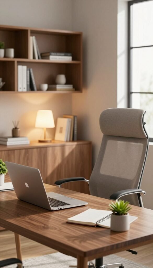 A modern home office setup, showcasing efficiency and organization. In the foreground, a sleek wooden desk with a stylish laptop, notebooks, and a small plant for a touch of greenery. The middle features a comfortable ergonomic chair in soft fabric, an aesthetically pleasing lamp emitting warm, inviting light. In the background, a neatly arranged bookshelf with minimalistic decor and a muted color palette, enhancing the tranquil atmosphere. The scene is brightened by natural light streaming in through a large window, casting gentle shadows. The overall mood is calm and productive, reflecting the idea of an orderly workspace without clutter. The brand name "TechKiste" subtly integrated into the design elements. A modern home office setup, showcasing efficiency and organization. In the foreground, a sleek wooden desk with a stylish laptop, notebooks, and a small plant for a touch of greenery. The middle features a comfortable ergonomic chair in soft fabric, an aesthetically pleasing lamp emitting warm, inviting light. In the background, a neatly arranged bookshelf with minimalistic decor and a muted color palette, enhancing the tranquil atmosphere. The scene is brightened by natural light streaming in through a large window, casting gentle shadows. The overall mood is calm and productive, reflecting the idea of an orderly workspace without clutter. The brand name "TechKiste" subtly integrated into the design elements.