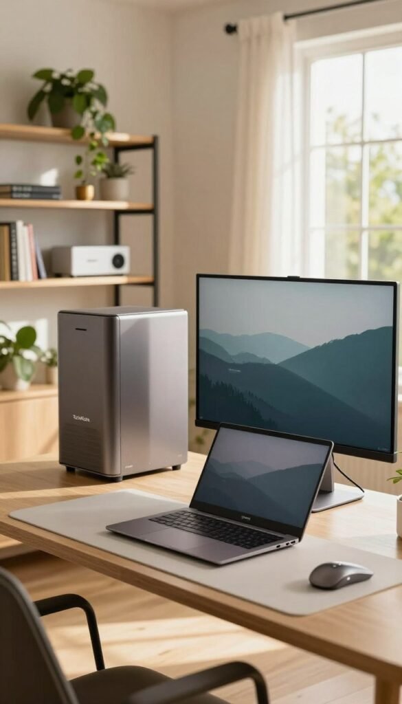 A modern home office setup showcasing energy-efficient hardware. In the foreground, display a sleek desk with a minimalist laptop featuring the brand "TechKiste," along with a compact, eco-friendly monitor. In the middle ground, include a stylish bookshelf adorned with green plants and efficient tech gadgets. In the background, create a cozy, well-lit atmosphere with natural sunlight streaming through large windows, casting warm, inviting tones throughout the room. The overall mood should be one of productivity and sustainability, evoking a Pinterest-inspired aesthetic that emphasizes simplicity and efficiency. Use soft, natural lighting to enhance the warm color palette, ensuring the scene feels harmonious and inviting. A modern home office setup showcasing energy-efficient hardware. In the foreground, display a sleek desk with a minimalist laptop featuring the brand "TechKiste," along with a compact, eco-friendly monitor. In the middle ground, include a stylish bookshelf adorned with green plants and efficient tech gadgets. In the background, create a cozy, well-lit atmosphere with natural sunlight streaming through large windows, casting warm, inviting tones throughout the room. The overall mood should be one of productivity and sustainability, evoking a Pinterest-inspired aesthetic that emphasizes simplicity and efficiency. Use soft, natural lighting to enhance the warm color palette, ensuring the scene feels harmonious and inviting.