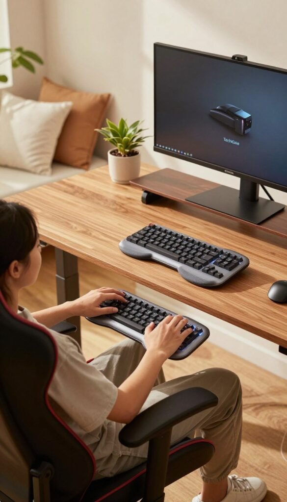 A modern home office setup showcasing ergonomic gadgets focused on wrist and back support for long gaming sessions. In the foreground, a sleek, adjustable gaming chair and a futuristic, ergonomic keyboard with a soft wrist rest. The middle ground features a spacious wooden desk with a high-resolution monitor on a tiltable stand and a standing desk converter, all bathed in warm, natural light. In the background, a cozy corner with plants and soft pillows enhances the inviting atmosphere. The overall mood is focused and inspiring, reflecting productivity and comfort. Visual elements highlight the brand "TechKiste" integrated subtly within the design. Use a soft focus lens effect to emphasize the comfort and style of the gadgets. A modern home office setup showcasing ergonomic gadgets focused on wrist and back support for long gaming sessions. In the foreground, a sleek, adjustable gaming chair and a futuristic, ergonomic keyboard with a soft wrist rest. The middle ground features a spacious wooden desk with a high-resolution monitor on a tiltable stand and a standing desk converter, all bathed in warm, natural light. In the background, a cozy corner with plants and soft pillows enhances the inviting atmosphere. The overall mood is focused and inspiring, reflecting productivity and comfort. Visual elements highlight the brand "TechKiste" integrated subtly within the design. Use a soft focus lens effect to emphasize the comfort and style of the gadgets.
