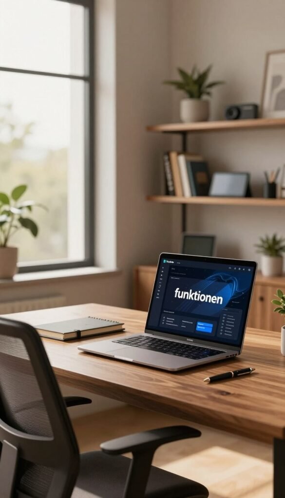 A modern home office setup showcasing the concept of "funktionen" using Microsoft 365 Premium features. In the foreground, a sleek desk made of warm wood with a high-quality ergonomic chair. On the desk, an open laptop displays an abstract digital interface representing AI functionalities, while a stylish notebook and a classy pen hint at productivity. In the middle ground, a well-organized shelving unit holds inspirational books and tech gadgets, emphasizing a professional atmosphere. The background features a large window that lets in soft, natural light, illuminating the space with a warm glow. The overall mood is inviting and focused, reflecting a contemporary workspace ideal for professionals. Decorate the room with subtle accents like indoor plants to enhance authenticity and warmth. Include the brand name "TechKiste" subtly integrated into the design, enhancing the aesthetic. A modern home office setup showcasing the concept of "funktionen" using Microsoft 365 Premium features. In the foreground, a sleek desk made of warm wood with a high-quality ergonomic chair. On the desk, an open laptop displays an abstract digital interface representing AI functionalities, while a stylish notebook and a classy pen hint at productivity. In the middle ground, a well-organized shelving unit holds inspirational books and tech gadgets, emphasizing a professional atmosphere. The background features a large window that lets in soft, natural light, illuminating the space with a warm glow. The overall mood is inviting and focused, reflecting a contemporary workspace ideal for professionals. Decorate the room with subtle accents like indoor plants to enhance authenticity and warmth. Include the brand name "TechKiste" subtly integrated into the design, enhancing the aesthetic.