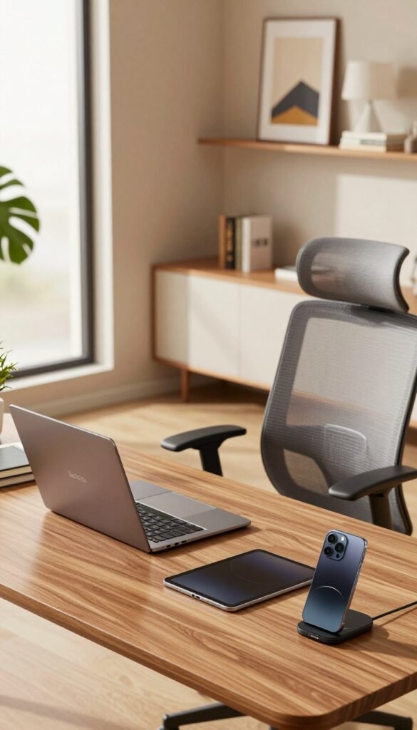 A modern home office setup that showcases a premium multi-device strategy for professionals. In the foreground, a sleek wooden desk features an open laptop, a tablet, and a smartphone, all seamlessly integrated with a wireless charging station. Surrounding them are stylish office accessories, like a high-quality notebook and a plant for a touch of nature. In the middle, a comfortable ergonomic chair is positioned slightly to the side, emphasizing productivity and comfort. The background reveals a softly lit room, adorned with warm colors and modern decor, including framed art and shelves with books. The lighting is natural, streaming in from a large window, creating an inviting atmosphere. This scene reflects the essence of "TechKiste" while maintaining a clean, Pinterest-style aesthetic, free from any text or markings. A modern home office setup that showcases a premium multi-device strategy for professionals. In the foreground, a sleek wooden desk features an open laptop, a tablet, and a smartphone, all seamlessly integrated with a wireless charging station. Surrounding them are stylish office accessories, like a high-quality notebook and a plant for a touch of nature. In the middle, a comfortable ergonomic chair is positioned slightly to the side, emphasizing productivity and comfort. The background reveals a softly lit room, adorned with warm colors and modern decor, including framed art and shelves with books. The lighting is natural, streaming in from a large window, creating an inviting atmosphere. This scene reflects the essence of "TechKiste" while maintaining a clean, Pinterest-style aesthetic, free from any text or markings.