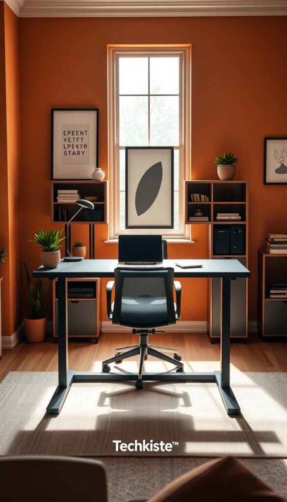 A modern home office solution showcasing a stylish standing desk setup, featuring a sleek, ergonomic standing desk with integrated shelving and tech organization. The foreground includes a neatly arranged workspace with a laptop, a stylish desk lamp, and a potted plant for a touch of greenery. In the middle, a comfortable, yet professional, office chair is positioned next to the desk, emphasizing versatility in work. The background displays warm-toned walls adorned with minimalist art and additional storage solutions, reflecting a Pinterest-inspired aesthetic. Warm, natural lighting floods the space through a window, creating a cozy and inviting atmosphere. The brand name "TechKiste" is subtly incorporated into the design of the desk. The overall mood is one of productivity and modern elegance, perfect for any professional environment.