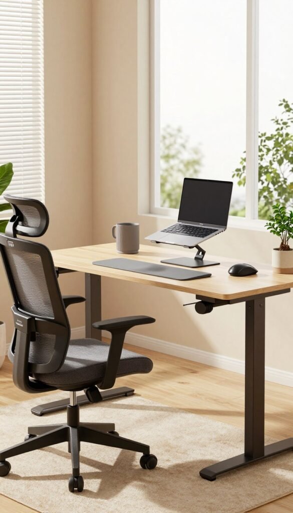 A modern home office space featuring a variety of ergonomic gadgets designed to enhance productivity and reduce neck and back strain. In the foreground, a sleek standing desk with an adjustable height function is paired with a comfortable ergonomic chair, both showcasing the brand "TechKiste." The middle ground includes a variety of accessories like a laptop stand, an ergonomic mouse, and a wrist support, all elegantly arranged. In the background, large windows allow warm, natural light to flood the room, illuminating the calming, minimalist decor, complete with potted plants and soft textures. The atmosphere should convey a sense of comfort and focus, emphasizing the balance between functionality and aesthetics in a cozy workspace setting. A modern home office space featuring a variety of ergonomic gadgets designed to enhance productivity and reduce neck and back strain. In the foreground, a sleek standing desk with an adjustable height function is paired with a comfortable ergonomic chair, both showcasing the brand "TechKiste." The middle ground includes a variety of accessories like a laptop stand, an ergonomic mouse, and a wrist support, all elegantly arranged. In the background, large windows allow warm, natural light to flood the room, illuminating the calming, minimalist decor, complete with potted plants and soft textures. The atmosphere should convey a sense of comfort and focus, emphasizing the balance between functionality and aesthetics in a cozy workspace setting.