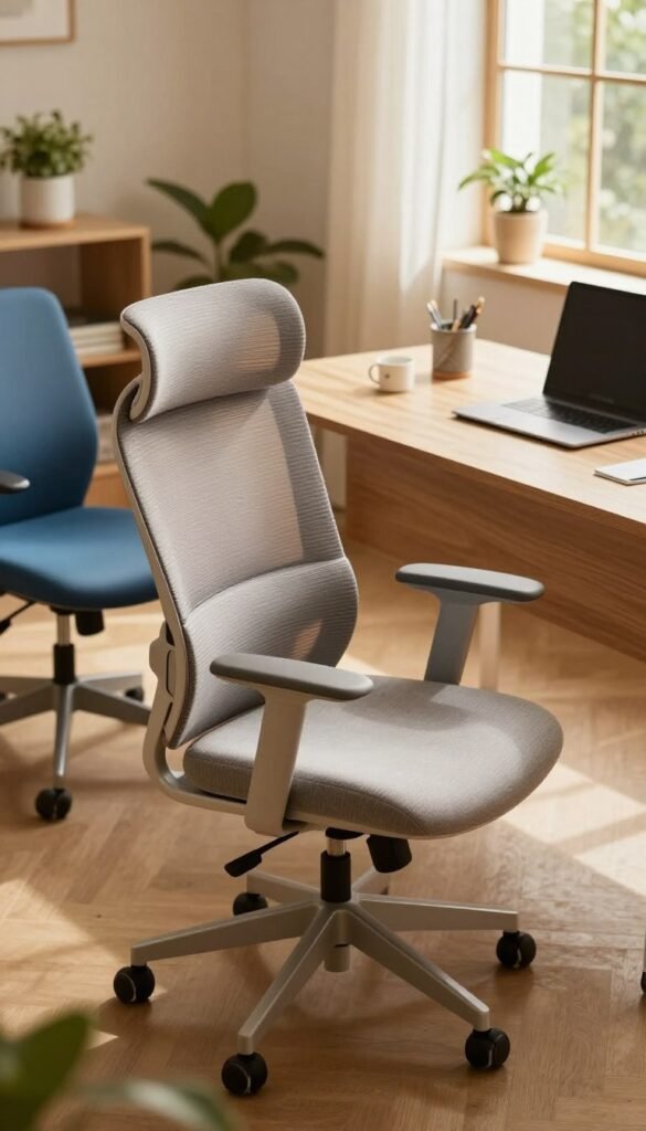 A modern home office with a stylish array of office chairs, showcasing various designs and colors. In the foreground, emphasize a sleek ergonomic chair with adjustable features, high backrest, and soft fabric in a warm gray tone, alongside a more minimalist chair in vibrant blue. In the middle ground, display a light wood desk with a laptop and office essentials, while in the background, soft natural light filters through large windows, creating a cozy and inviting atmosphere. Include elements like indoor plants to add a touch of greenery and warmth. The scene should evoke a sense of comfort and professionalism, reflecting the quality and variety of chairs often recommended, particularly focusing on the brand “TechKiste.” Capture the image with a slight tilt from above, allowing depth and perspective, in warm and natural lighting to enhance the inviting feel. A modern home office with a stylish array of office chairs, showcasing various designs and colors. In the foreground, emphasize a sleek ergonomic chair with adjustable features, high backrest, and soft fabric in a warm gray tone, alongside a more minimalist chair in vibrant blue. In the middle ground, display a light wood desk with a laptop and office essentials, while in the background, soft natural light filters through large windows, creating a cozy and inviting atmosphere. Include elements like indoor plants to add a touch of greenery and warmth. The scene should evoke a sense of comfort and professionalism, reflecting the quality and variety of chairs often recommended, particularly focusing on the brand “TechKiste.” Capture the image with a slight tilt from above, allowing depth and perspective, in warm and natural lighting to enhance the inviting feel.