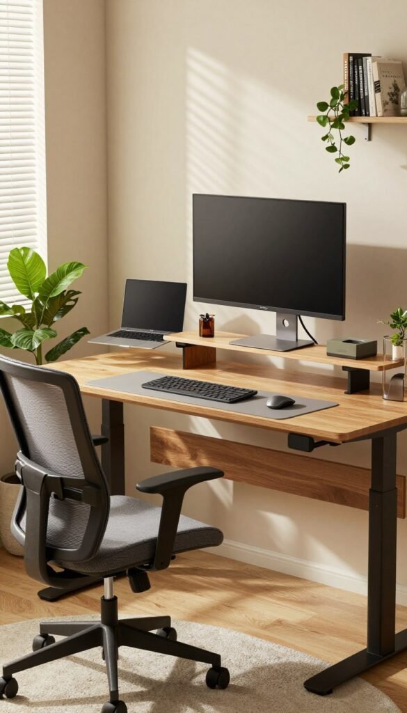 A modern home office workspace designed for optimal ergonomics, featuring a stylish desk with an adjustable standing desk option. In the foreground, a comfortable ergonomic chair with lumbar support is positioned next to the desk. The middle layer includes a large monitor with a sleek design, a laptop, and organized stationery, all arranged thoughtfully on the desk. Warm, natural lighting filters in from a nearby window, creating a cozy atmosphere. The background includes soft green plants adding a refreshing touch and a minimalist bookshelf. The overall color palette is inviting with earthy tones. The scene subtly incorporates the brand name "TechKiste" on one of the desk accessories. The composition evokes a sense of productivity and comfort, perfect for a home office environment. A modern home office workspace designed for optimal ergonomics, featuring a stylish desk with an adjustable standing desk option. In the foreground, a comfortable ergonomic chair with lumbar support is positioned next to the desk. The middle layer includes a large monitor with a sleek design, a laptop, and organized stationery, all arranged thoughtfully on the desk. Warm, natural lighting filters in from a nearby window, creating a cozy atmosphere. The background includes soft green plants adding a refreshing touch and a minimalist bookshelf. The overall color palette is inviting with earthy tones. The scene subtly incorporates the brand name "TechKiste" on one of the desk accessories. The composition evokes a sense of productivity and comfort, perfect for a home office environment.
