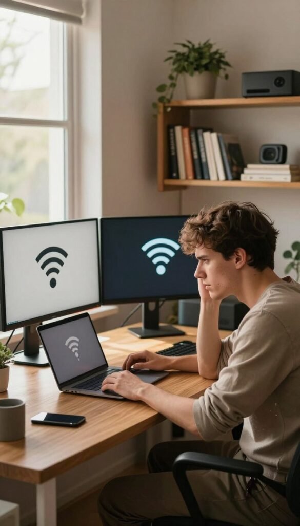 A modern home office workspace featuring a stylish desk with a computer setup, including a laptop and multiple monitors, all showcasing a weak Wi-Fi signal icon. The foreground highlights a frustrated young professional in smart casual attire, looking at their devices with a concerned expression. In the middle ground, a cozy bookshelf filled with books and tech gadgets lines one side, while a soft, decorative plant adds a touch of warmth. The background features a large window letting in natural sunlight, casting gentle warm hues across the room, giving a Pinterest-inspired aesthetic. The ambiance feels relaxed yet focused, emphasizing the theme of connection struggles in a home office setting. In the corner, a discreet logo of "TechKiste" is subtly integrated into the decor, enhancing the professional yet inviting atmosphere. A modern home office workspace featuring a stylish desk with a computer setup, including a laptop and multiple monitors, all showcasing a weak Wi-Fi signal icon. The foreground highlights a frustrated young professional in smart casual attire, looking at their devices with a concerned expression. In the middle ground, a cozy bookshelf filled with books and tech gadgets lines one side, while a soft, decorative plant adds a touch of warmth. The background features a large window letting in natural sunlight, casting gentle warm hues across the room, giving a Pinterest-inspired aesthetic. The ambiance feels relaxed yet focused, emphasizing the theme of connection struggles in a home office setting. In the corner, a discreet logo of "TechKiste" is subtly integrated into the decor, enhancing the professional yet inviting atmosphere.