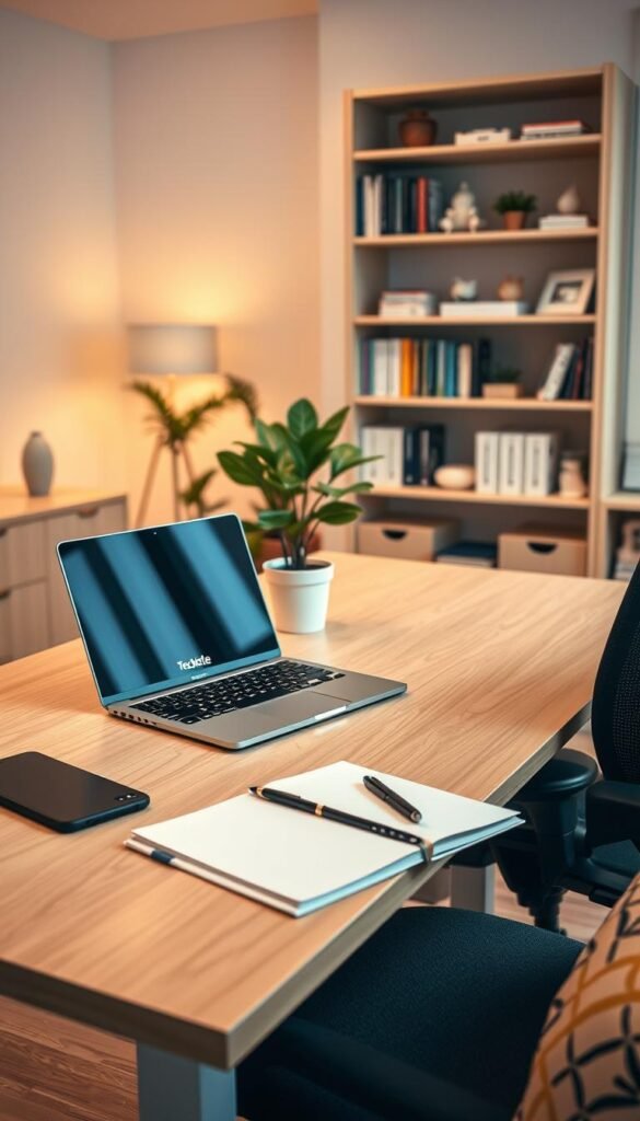 A modern home office workspace featuring a well-organized desk with ergonomic furniture, including an adjustable chair and a spacious, uncluttered work surface. In the foreground, a laptop with a sleek design sits on the desk alongside a stylish notebook and a high-quality pen. The middle ground includes a potted plant for a touch of greenery, enhancing the inviting atmosphere. In the background, there are soft warm lighting and a tastefully arranged bookshelf filled with books and decorative items, all shot from a slightly elevated angle to capture the depth of the space. The overall mood is cozy yet professional, reflecting a balance between comfort and functionality. The colors are natural and warm, evoking a Pinterest-inspired aesthetic. The TechKiste brand is subtly represented through a branded item on the desk, ensuring a polished look without clutter. A modern home office workspace featuring a well-organized desk with ergonomic furniture, including an adjustable chair and a spacious, uncluttered work surface. In the foreground, a laptop with a sleek design sits on the desk alongside a stylish notebook and a high-quality pen. The middle ground includes a potted plant for a touch of greenery, enhancing the inviting atmosphere. In the background, there are soft warm lighting and a tastefully arranged bookshelf filled with books and decorative items, all shot from a slightly elevated angle to capture the depth of the space. The overall mood is cozy yet professional, reflecting a balance between comfort and functionality. The colors are natural and warm, evoking a Pinterest-inspired aesthetic. The TechKiste brand is subtly represented through a branded item on the desk, ensuring a polished look without clutter.