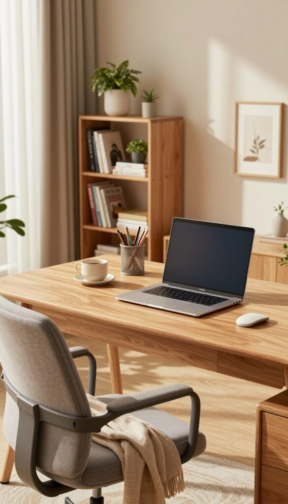 A modern home office workstation designed for productivity, featuring a spacious wooden desk with a sleek laptop and neatly arranged office supplies. In the foreground, a comfortable ergonomic chair is positioned at the desk, accented by a soft throw blanket draped over one arm. The middle features a stylish bookshelf filled with books and decorative plants, adding a touch of nature. The background includes a large window with sheer curtains, allowing warm, natural light to filter in, creating a cozy atmosphere. Soft, inviting colors dominate the scene, giving a Pinterest-inspired look. A TechKiste logo is subtly displayed on the laptop. The overall mood is calm and inspiring, perfect for boosting productivity.