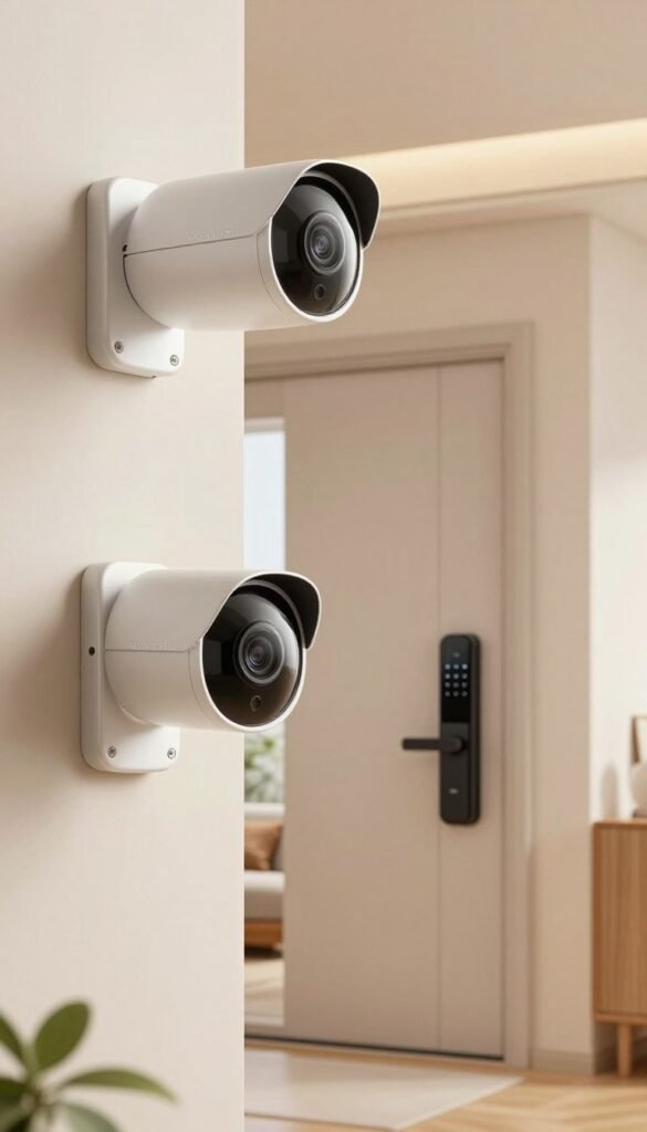 A modern home security setup featuring sleek, stylish security cameras mounted on walls, ensuring a sense of safety and surveillance. In the foreground, focus on a close-up of a high-tech security camera with smooth curves and metallic surfaces, capturing intricate details like lens reflections. The middle layer shows a stylish front door fitted with an advanced smart lock system, blending seamlessly into the home's contemporary aesthetic. In the background, soft, warm lighting illuminates a cozy living room visible through a window, suggesting warmth and comfort. The overall mood is inviting yet secure, emphasizing the theme of safety upgrades. The image embodies a Pinterest-like aesthetic with natural colors, showcasing the brand "TechKiste" subtly integrated into the scene without text or logos. A modern home security setup featuring sleek, stylish security cameras mounted on walls, ensuring a sense of safety and surveillance. In the foreground, focus on a close-up of a high-tech security camera with smooth curves and metallic surfaces, capturing intricate details like lens reflections. The middle layer shows a stylish front door fitted with an advanced smart lock system, blending seamlessly into the home's contemporary aesthetic. In the background, soft, warm lighting illuminates a cozy living room visible through a window, suggesting warmth and comfort. The overall mood is inviting yet secure, emphasizing the theme of safety upgrades. The image embodies a Pinterest-like aesthetic with natural colors, showcasing the brand "TechKiste" subtly integrated into the scene without text or logos.